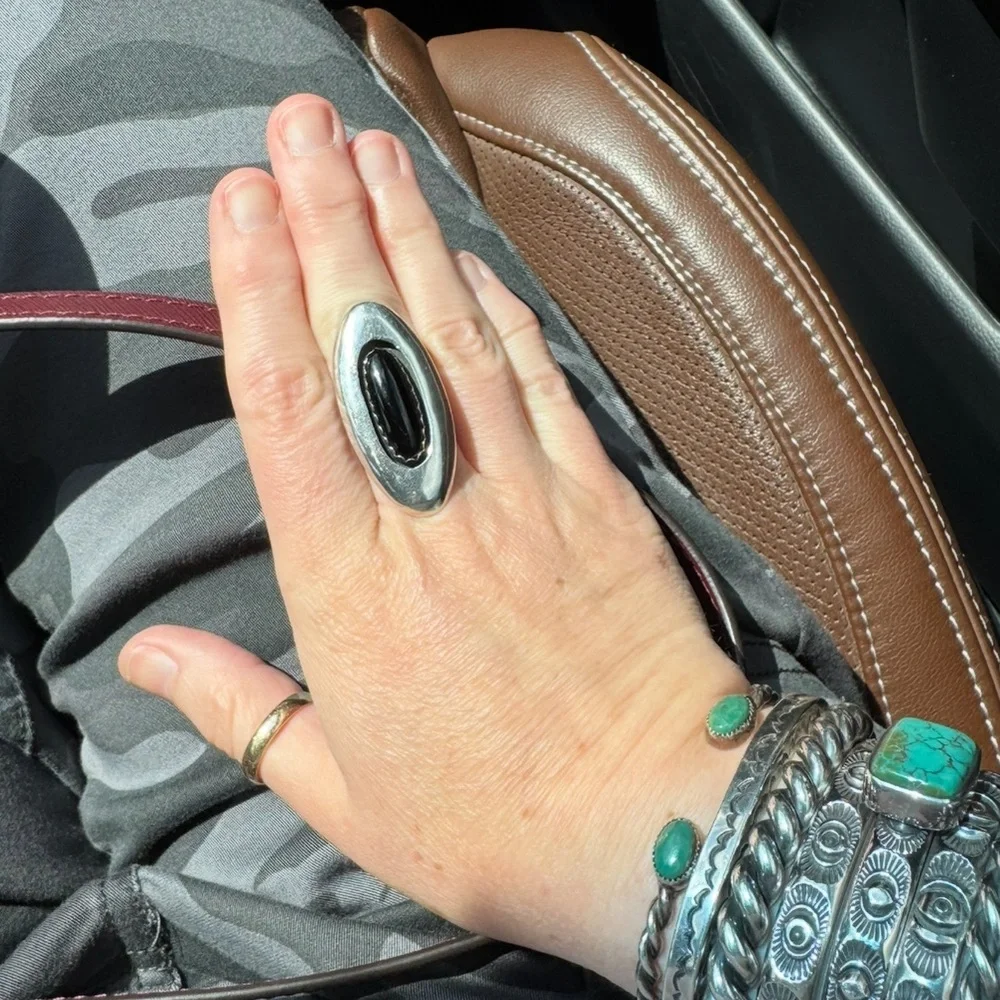 Navajo Jimmy Patterson Sterling Silver Onyx Cabochon Ring, Size 8